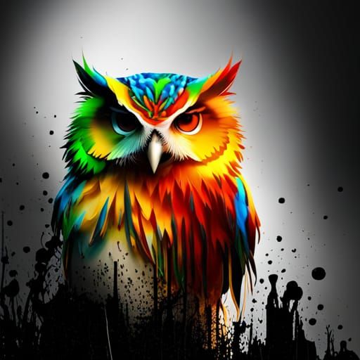Colorful Paint Splatter Owls in 3D Digital Art