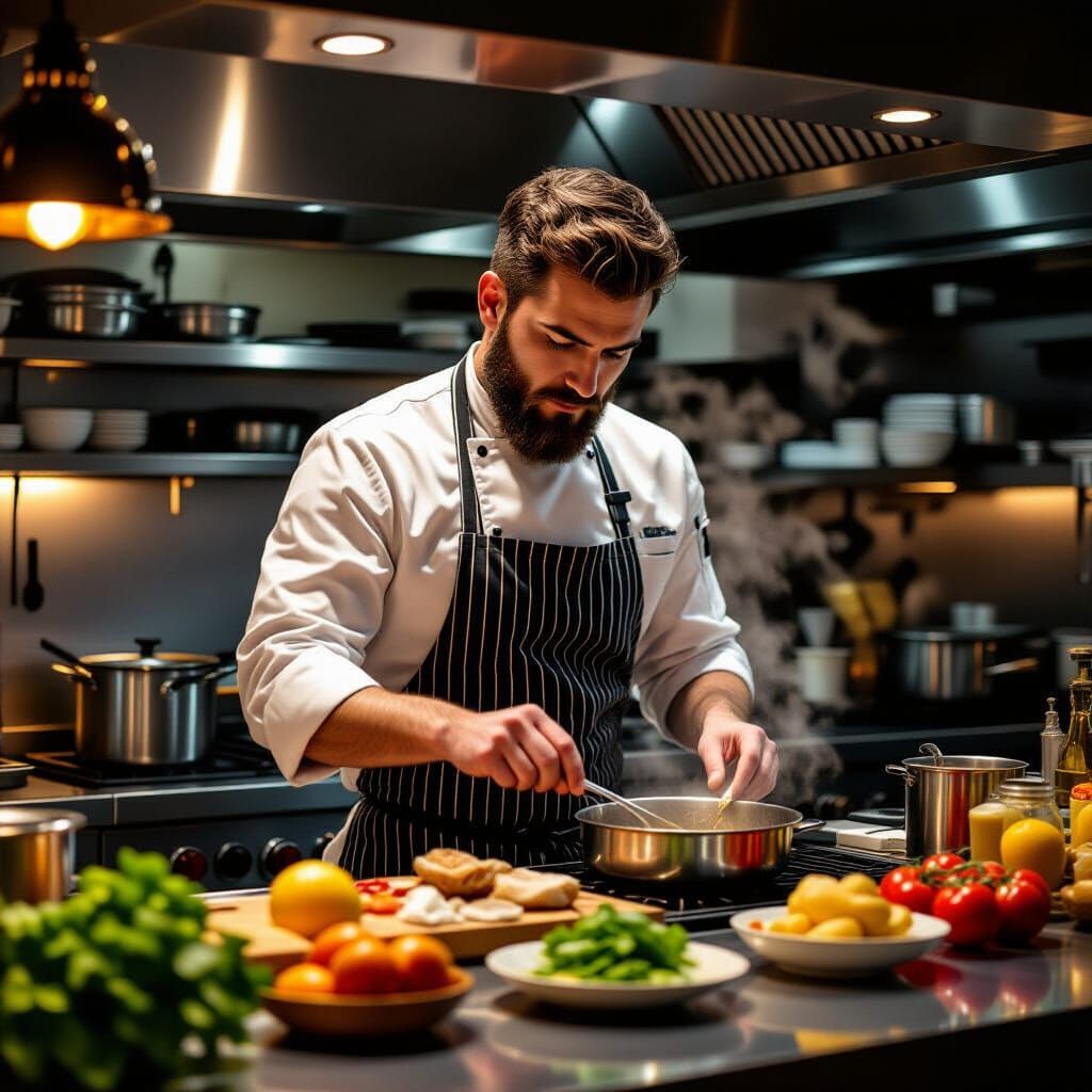 Skilled Chef in Bustling Kitchen: Digital Art