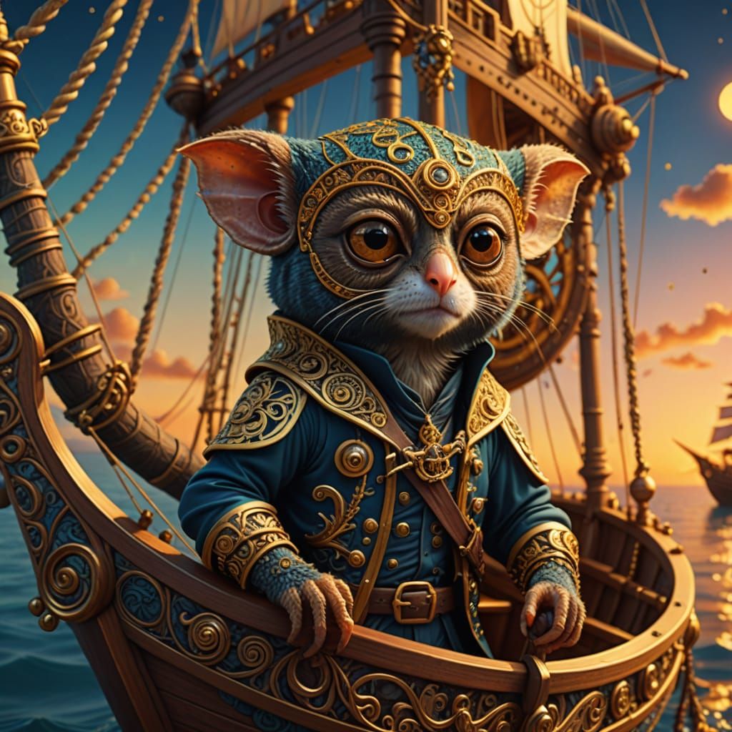 Tarsier Pirate Sails Ship in Surreal Style