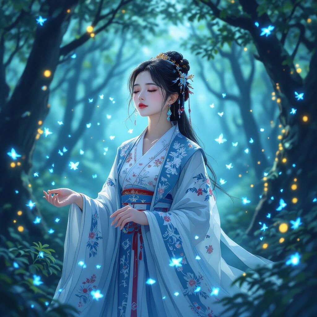 Serene Woman in Hanfu Dress Amidst Blue Fireflies