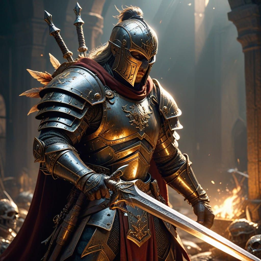 Epic Warrior Chooses Magical Weapons in Golden Light