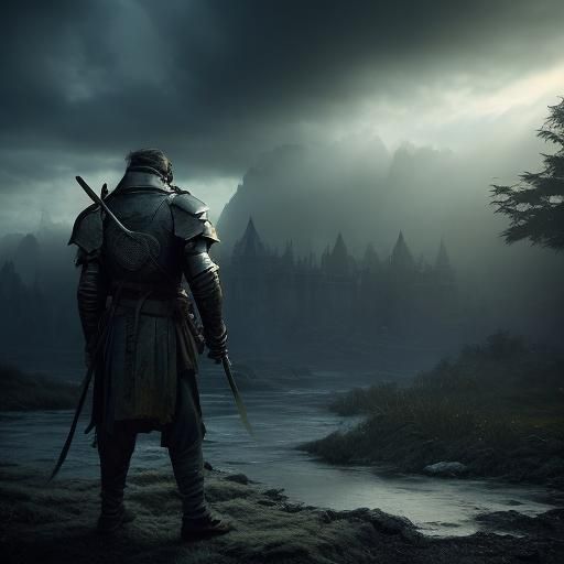 Weary Knight on Desolate Battlefield in Frazetta Style