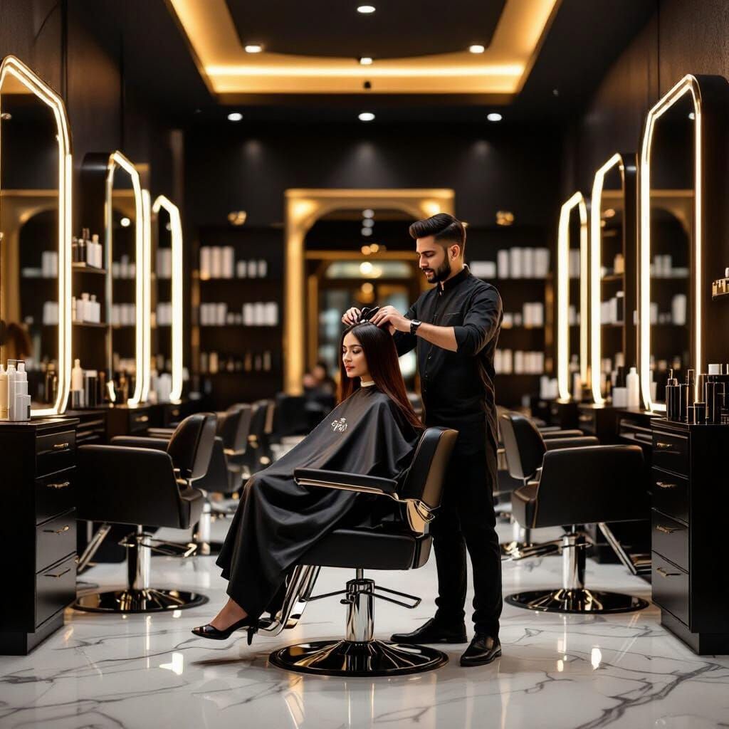 Elegant Black and Gold Hair Salon Interior