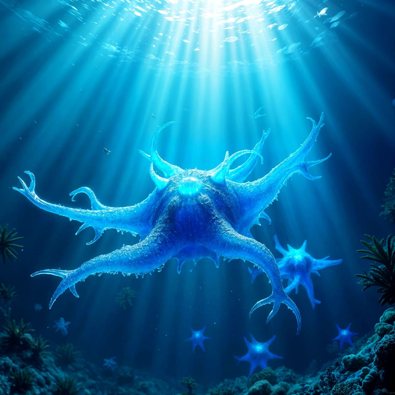 Glowing Alien Starfish Creatures in Deep Ocean Blue