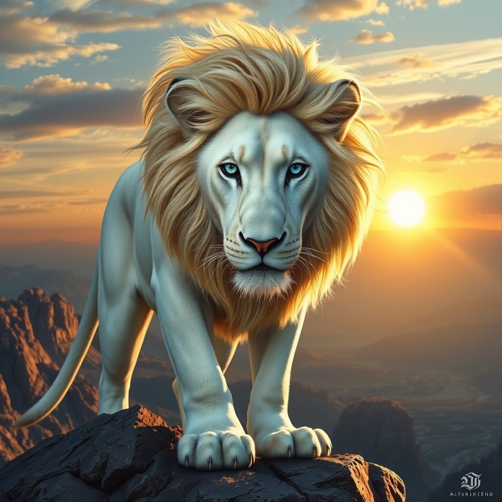 Majestic White Lion Basks in Sunset Glory