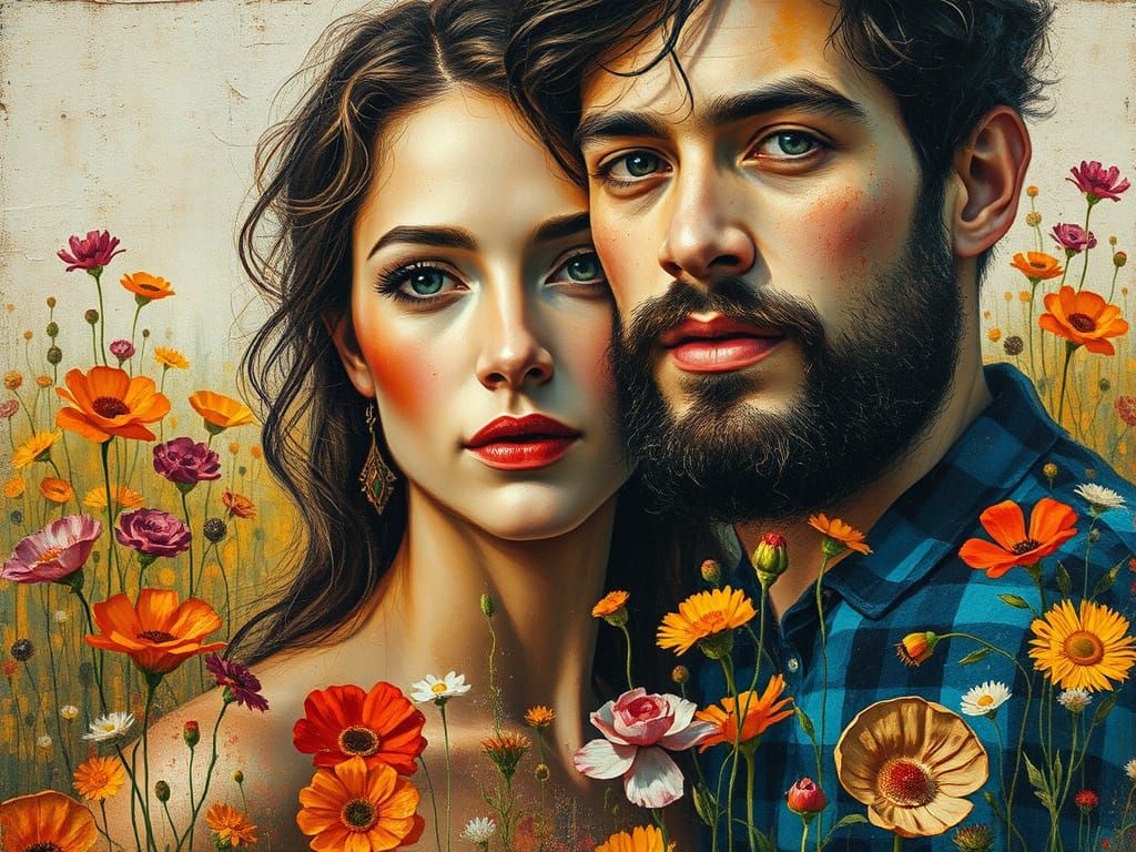Woman and Man Embracing in a Vibrant Floral Landscape