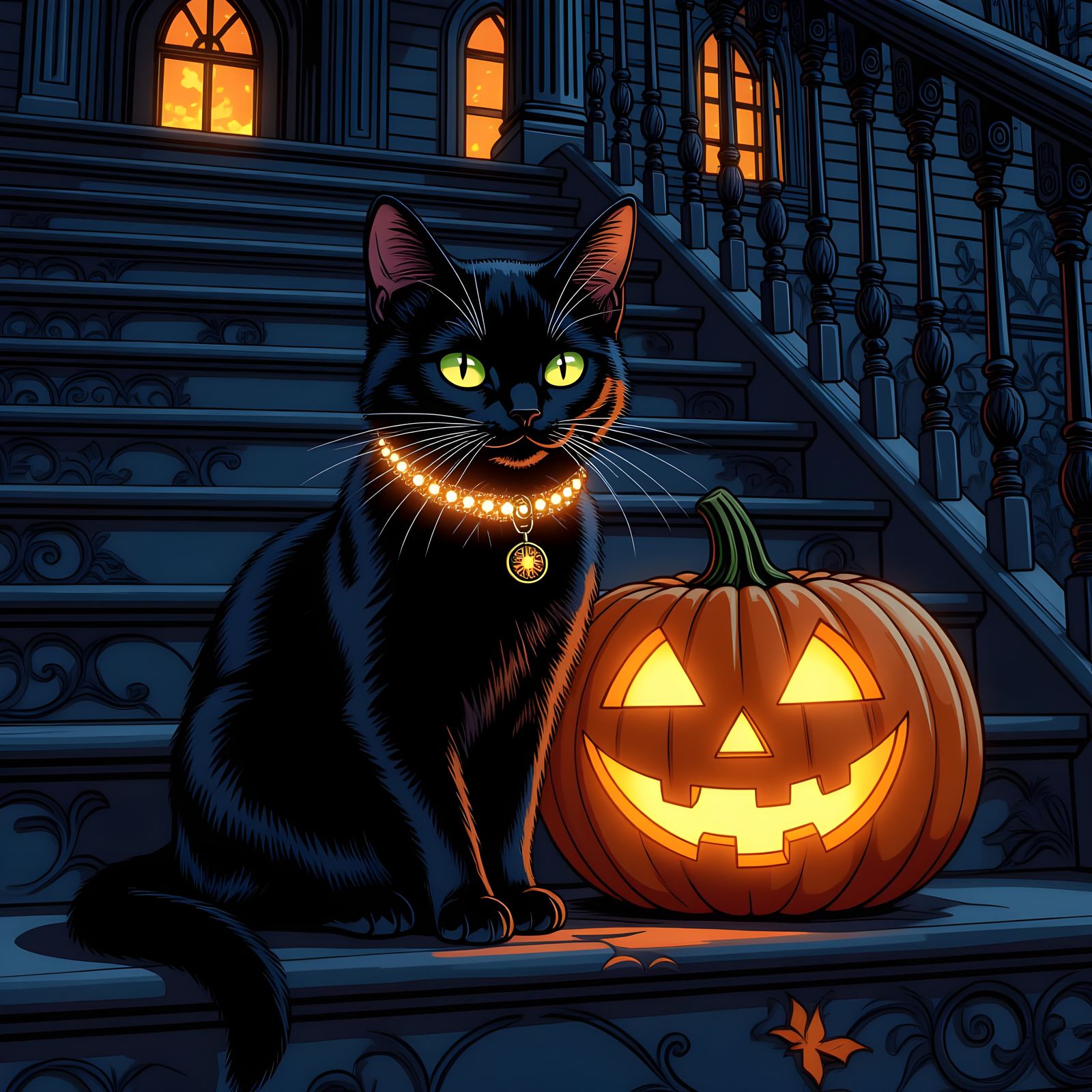 Black Cat and Jack-o'-Lantern: Comic Book Style