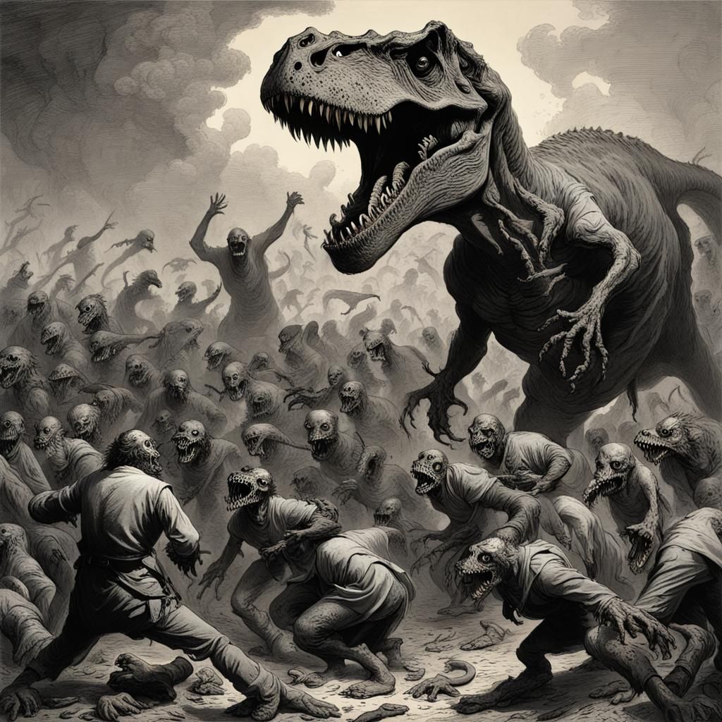T-Rex Versus Zombie Horde in Horror Artwork