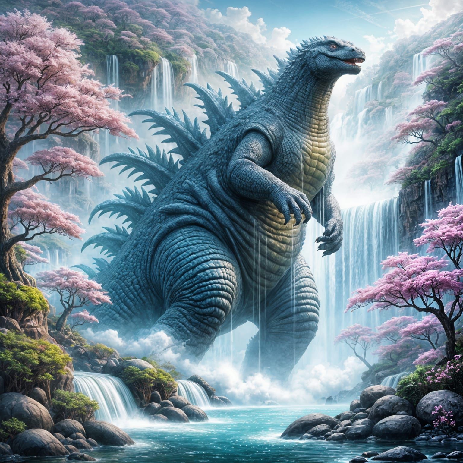 Godzilla Awakens Amidst Cherry Blossom Paradise