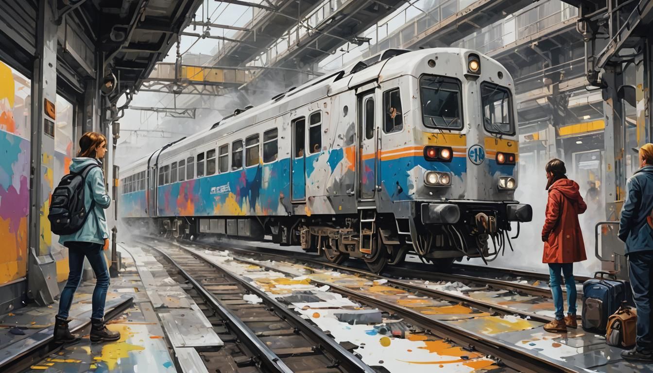 Colorful Dieselpunk Fusion: Woman and Train in Splash Art