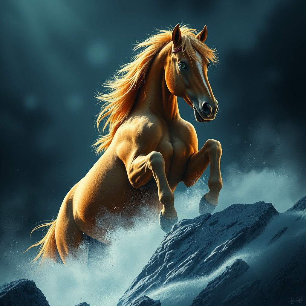 Majestic Horse in Mountain Mist: A Digital Painting
