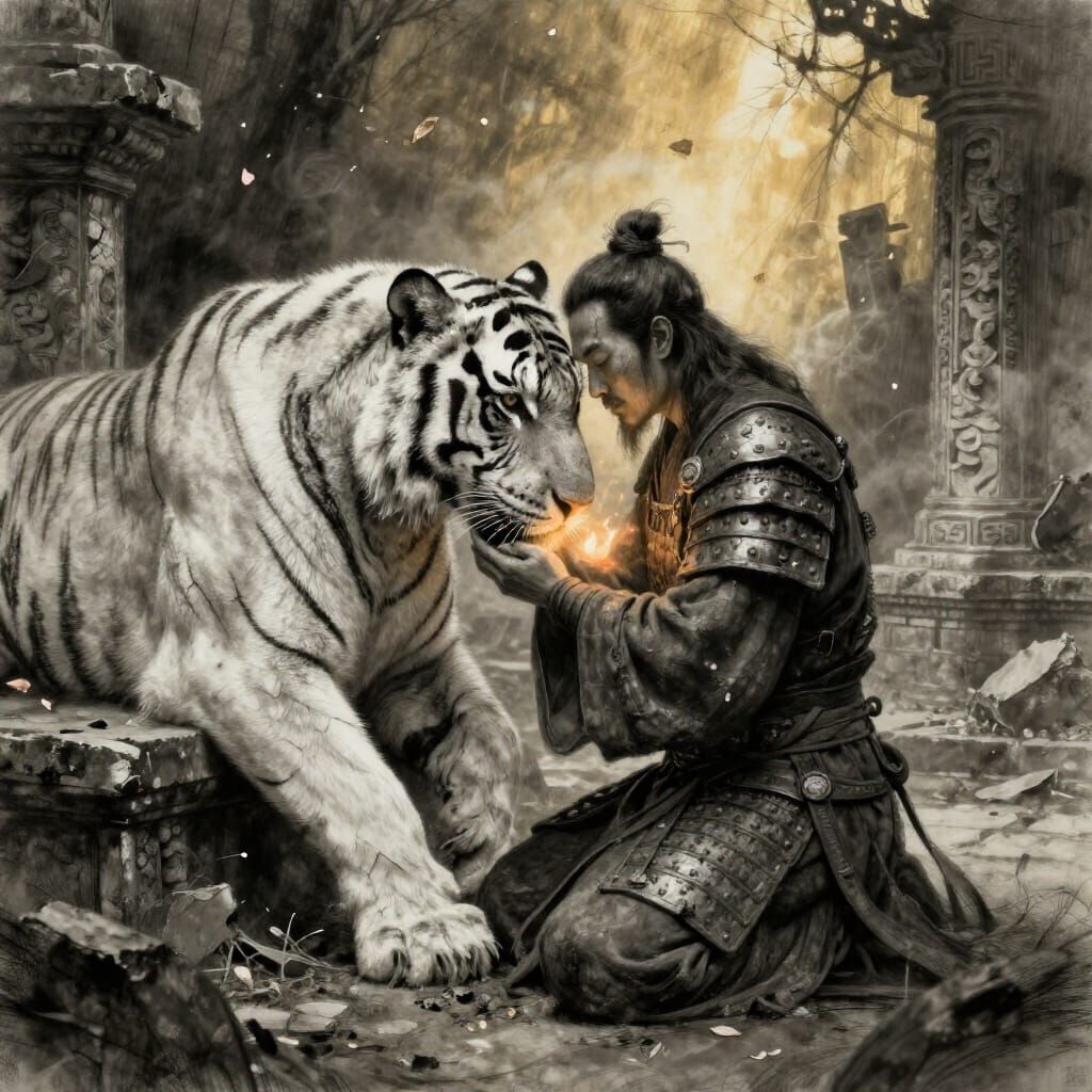 Tiger Monk and White Tiger in Ruined Temple