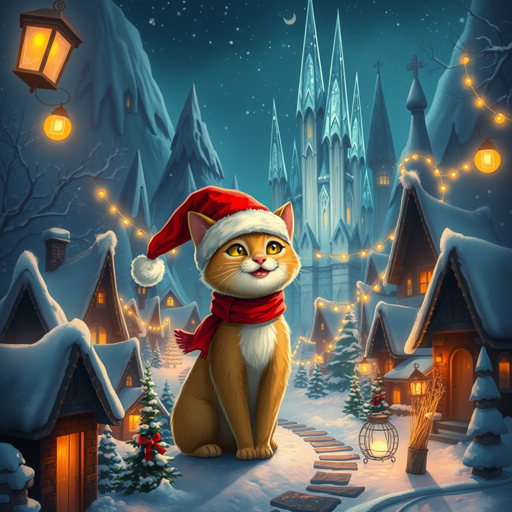 Festive Cat in Winter Wonderland, Fantasy Concept Art