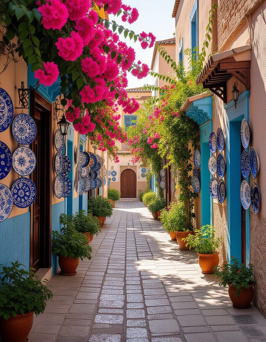 Moroccan Streets with Blue Ceramics, Photography Style