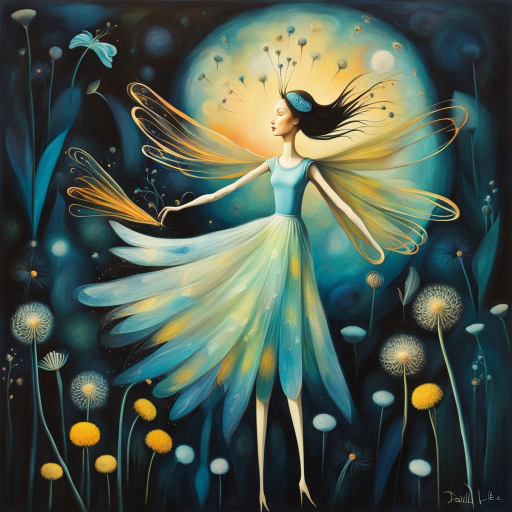 Fairies Making Wishes in Surreal Dandelion Dreamscape