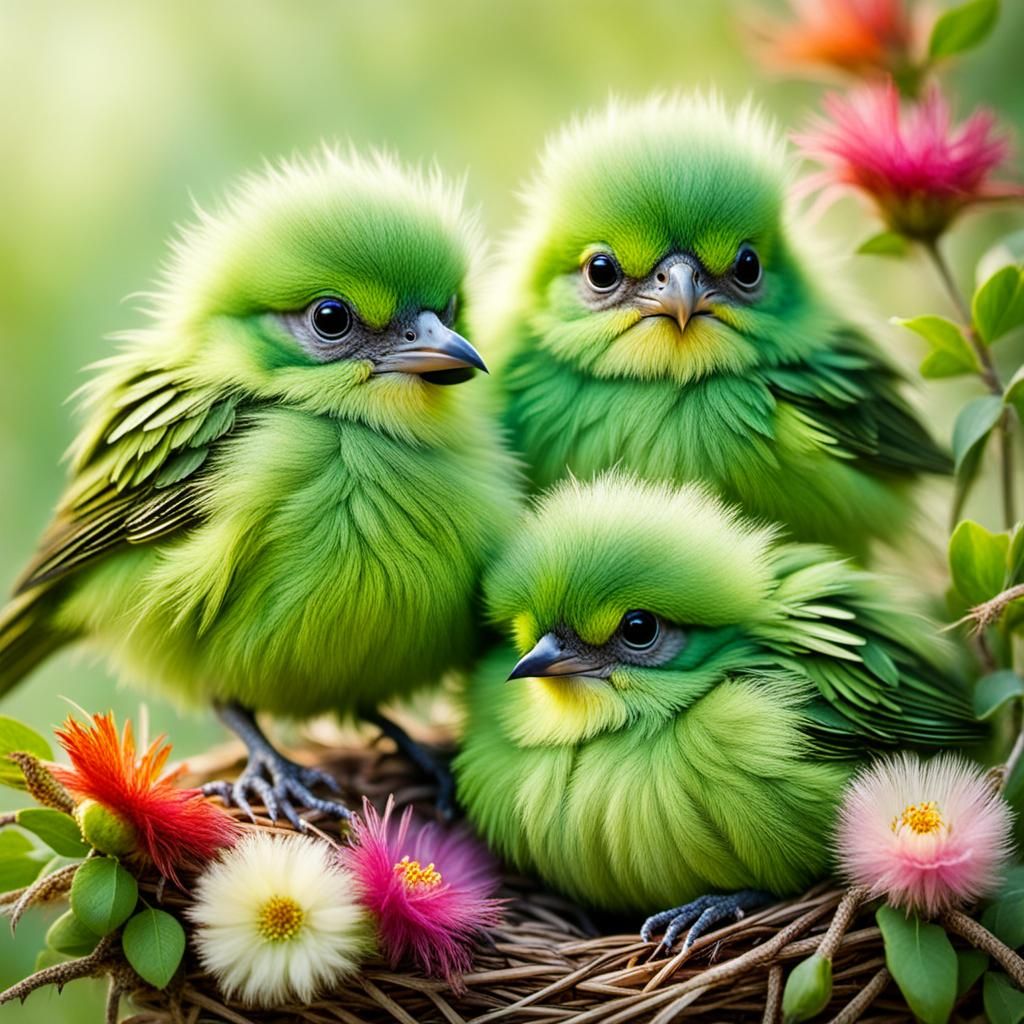 Fluffy Green Baby Bird Portrait with Flowers