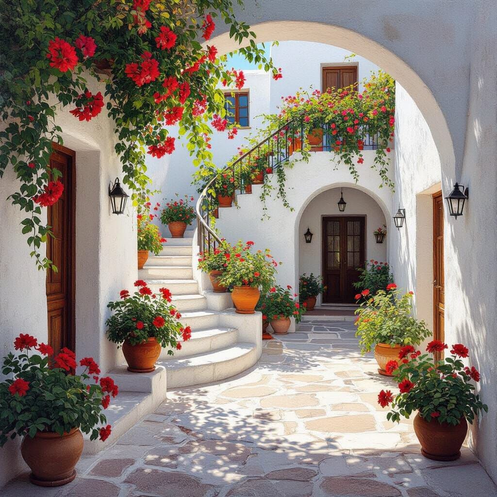 Mediterranean Courtyard with White Walls, as Impasto Paintin...