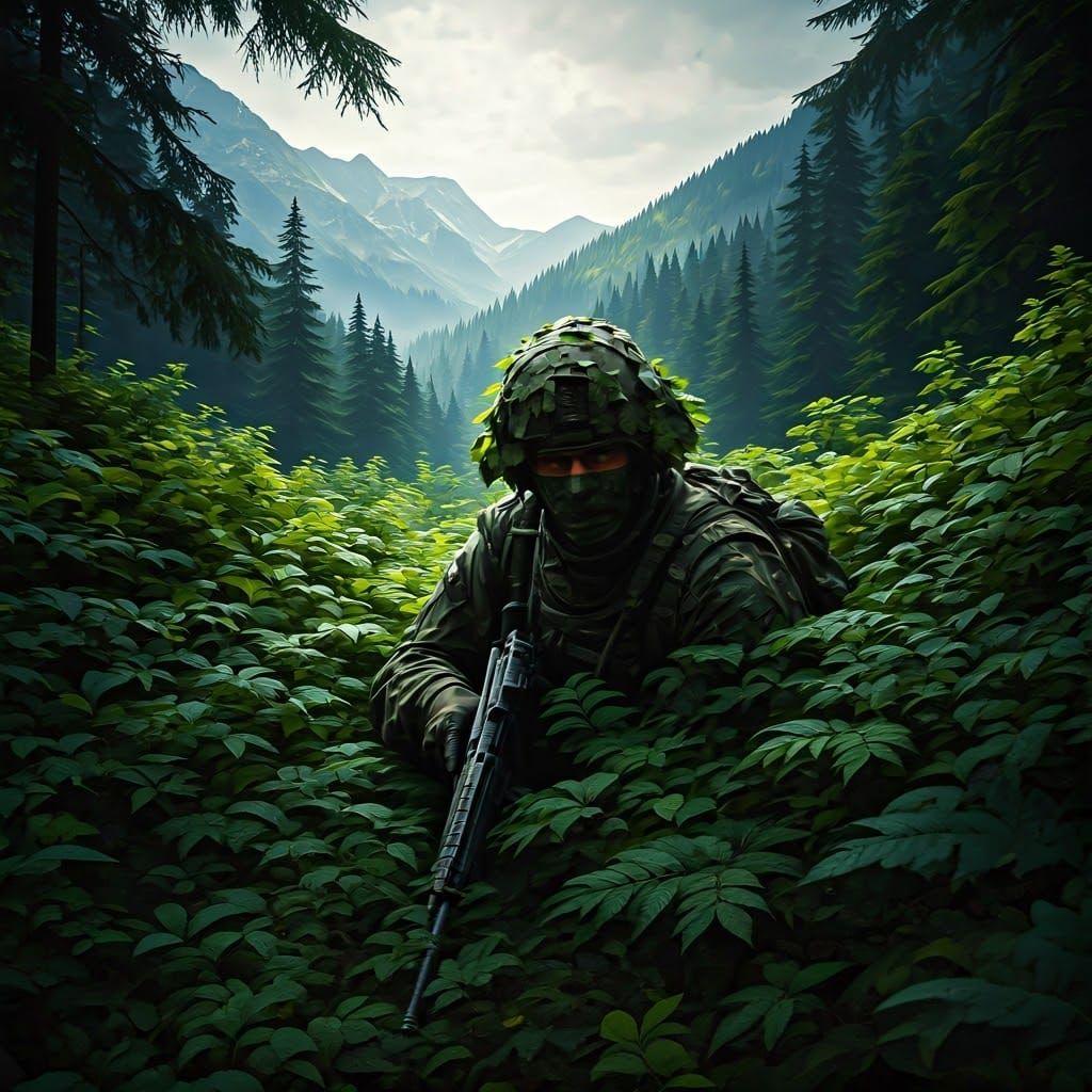 Camouflaged Soldier Hidden in Mountain Landscape