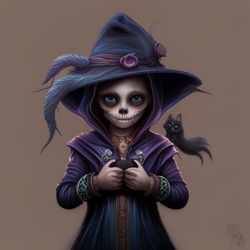 Cute Skeleton Creature with Cat, Fantasy Art