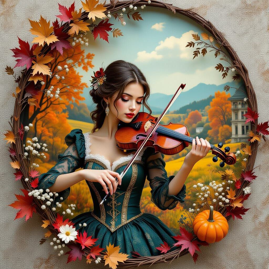 Surreal Autumn Landscape Diorama with Beautiful Woman Playin...
