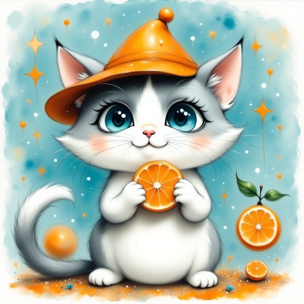 Whimsical Cat with Orange Slice and Stars in a Sunny Backgro...