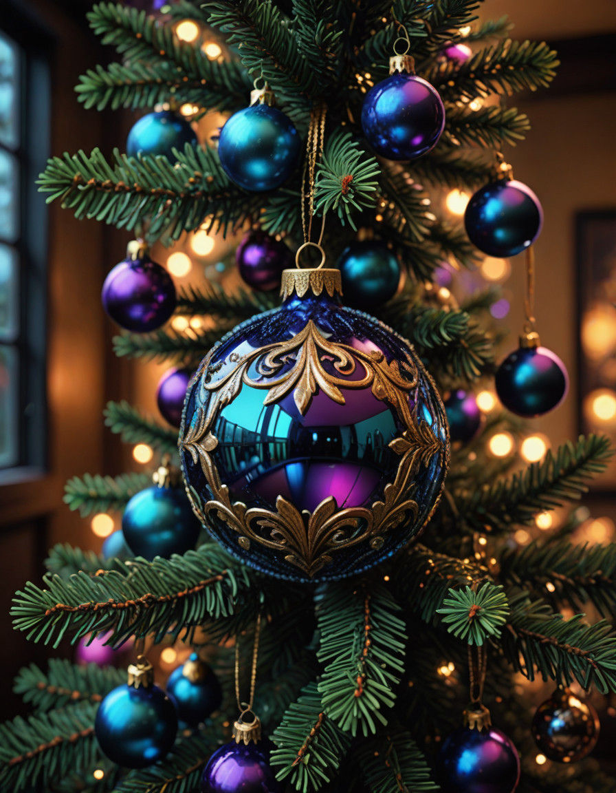 Hyperrealistic Glass Crystal Ornaments on a Christmas Tree