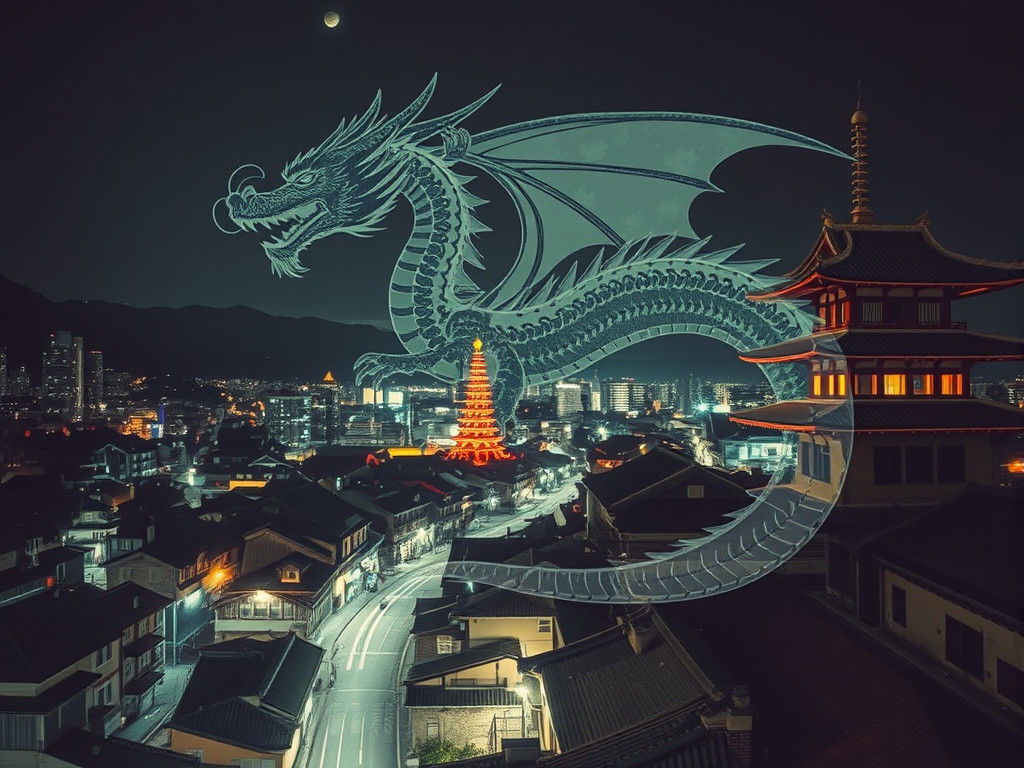 Dragon Double Exposure over Medieval Japan