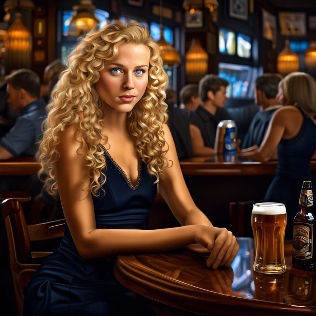 Hyperrealistic Blonde Woman Drinking Beer in Bar