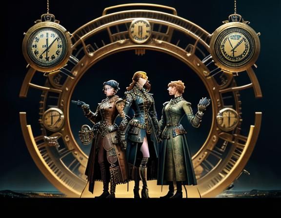 Steampunk Women Inside a Time Machine: Cinematic Digital Art