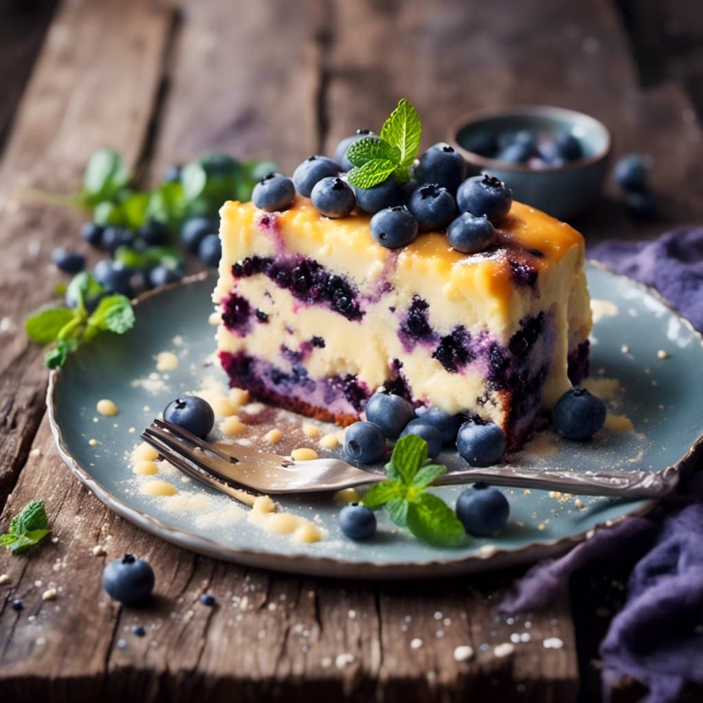 Blueberry Cake Still Life with Custard, Macro Photography