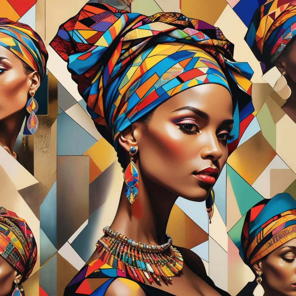 Vibrant Collage of Women in Profile: Stained Glass Art