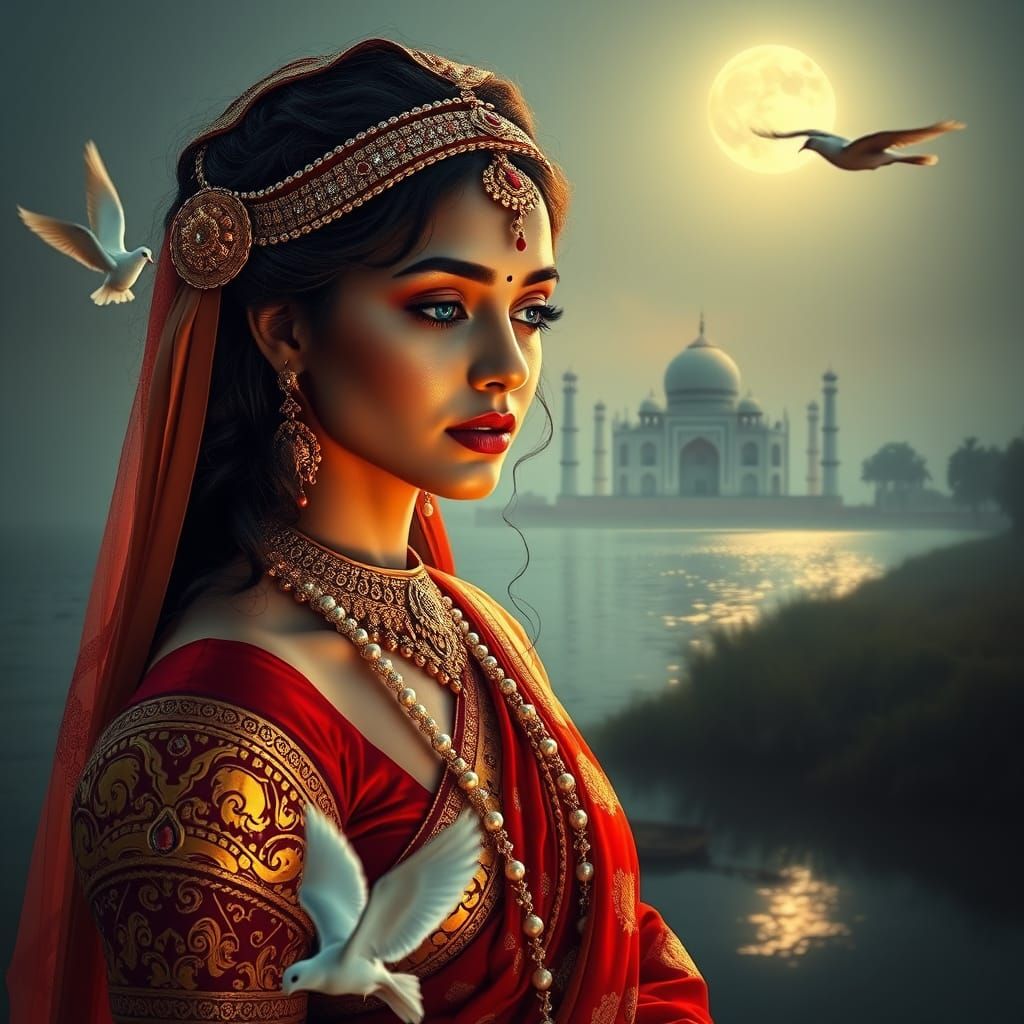 Indian Princess by River in Fantasy Realism Style