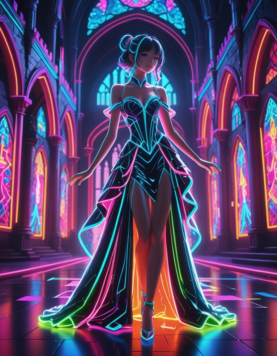 Neon Girl in Dancing Gown: 3D Anime Art