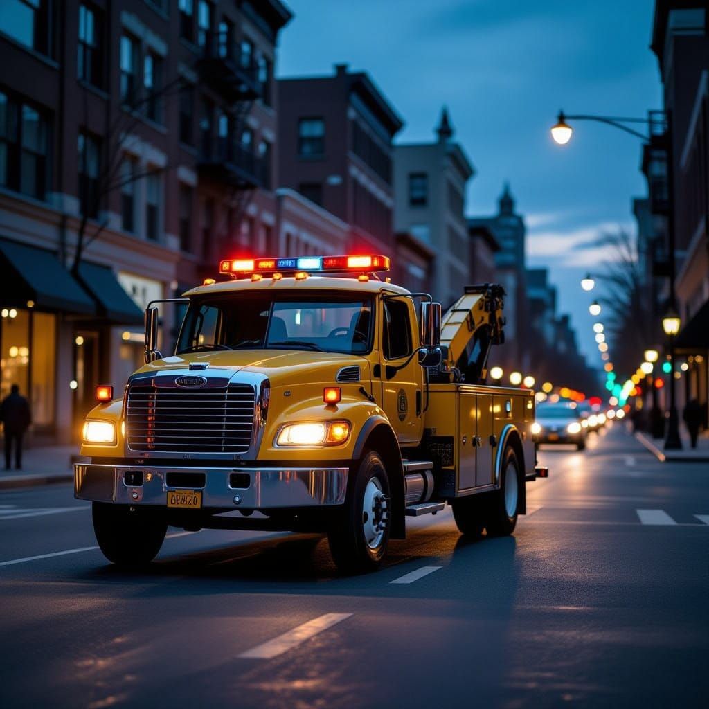 Photorealistic Tow Truck at Dusk in Film Noir Style