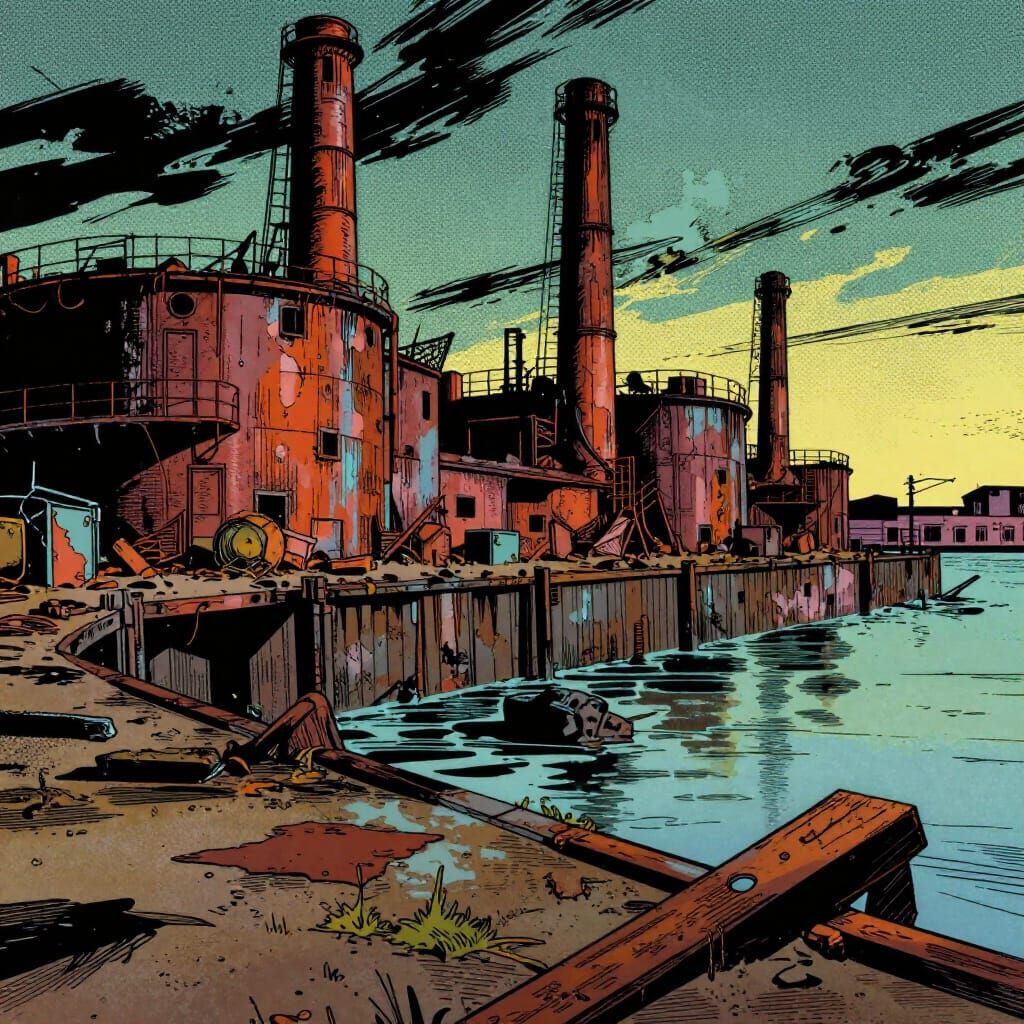 Decaying Industrial Waterfront in 1950s Comic Style