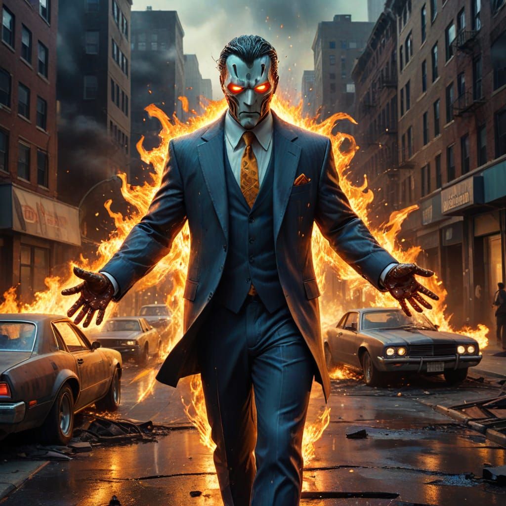 A supervillain named "The Meltdown," with the power to control heat. He stands in the middle of a city street, clad in a...