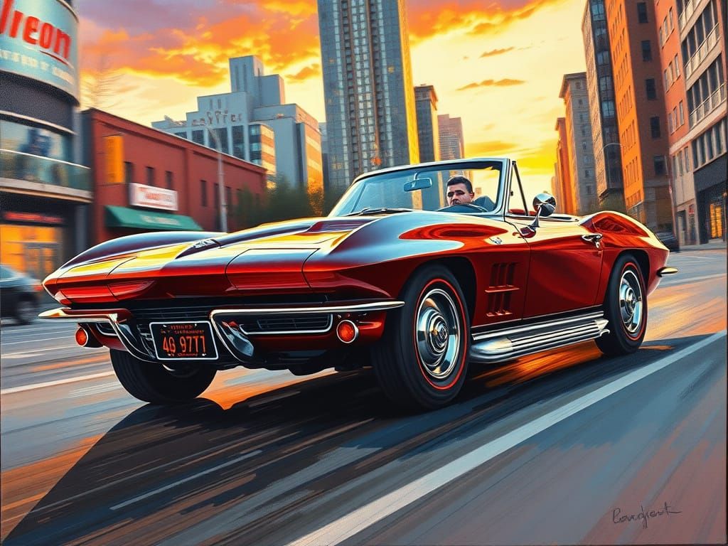 Classic Corvette Speeds Through City in Detailed Oil Paintin...