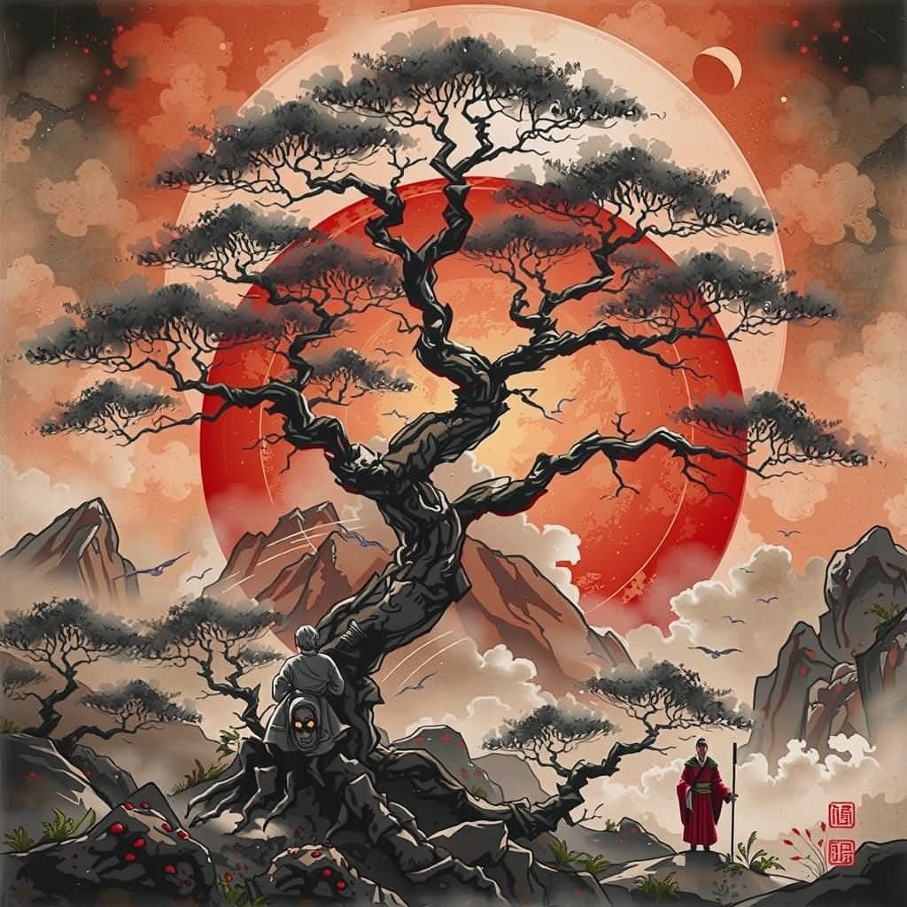 Man Under Venus Tree: Chinese Ink Painting