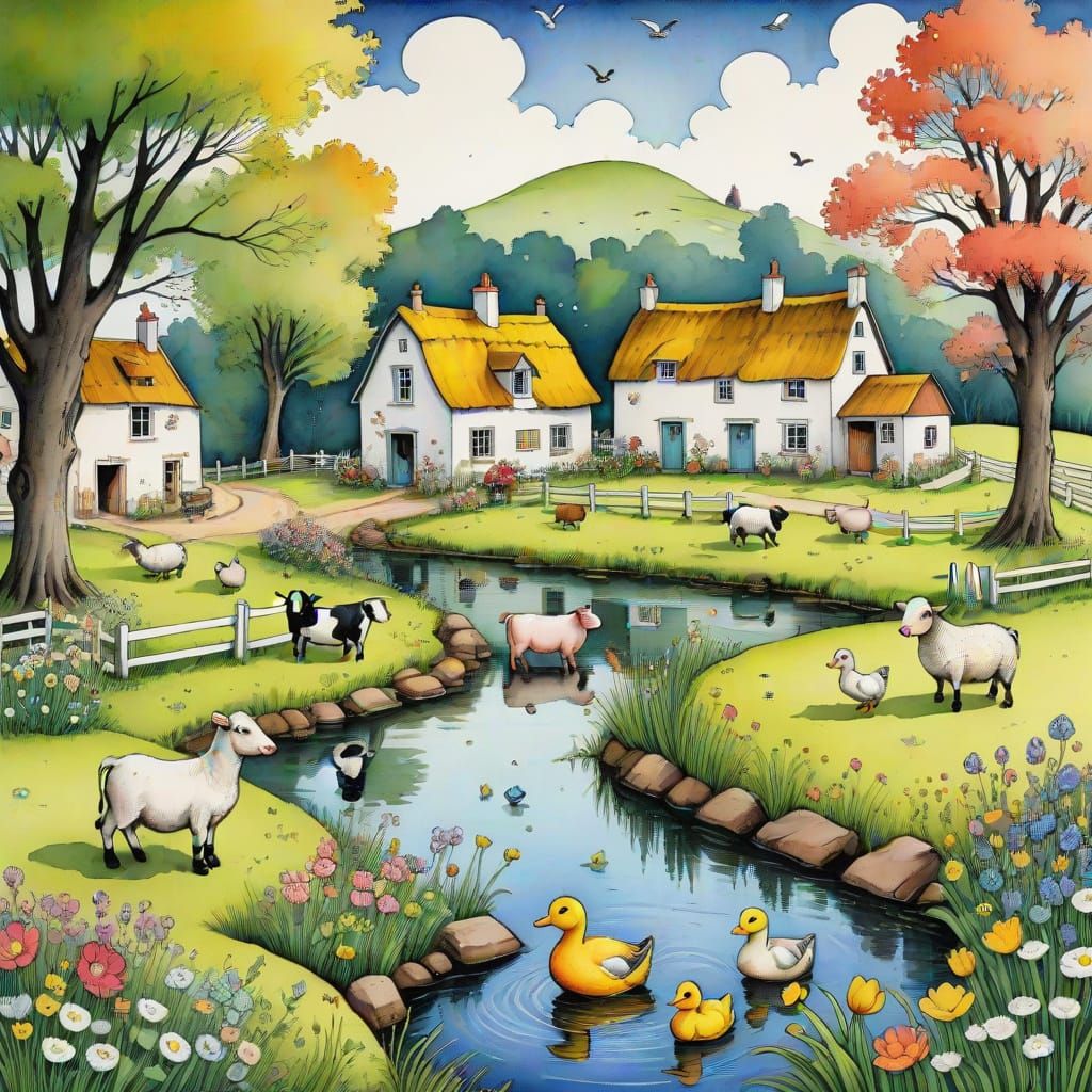 Whimsical Farm Scene in Colorful Pen and Ink