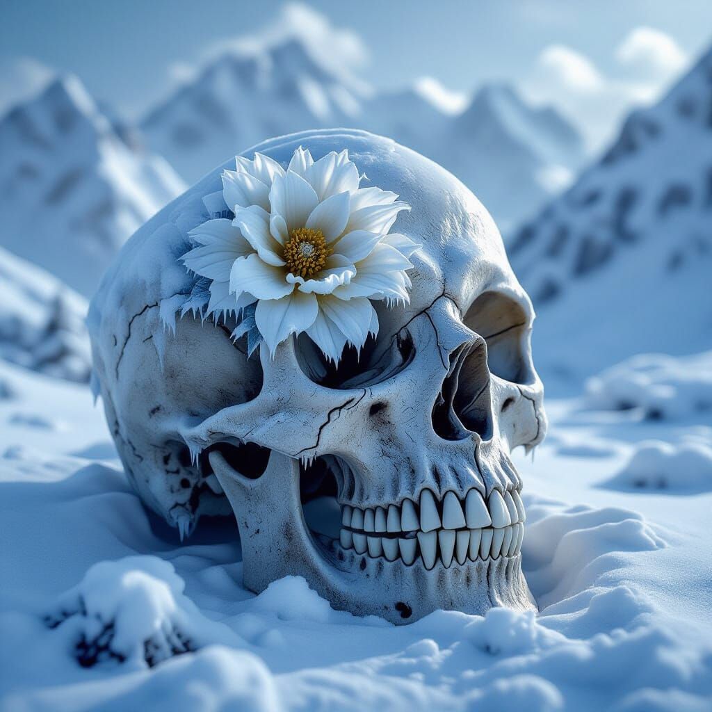 Prehistoric Flower in Frozen Skull Amidst Ice Age Mountains