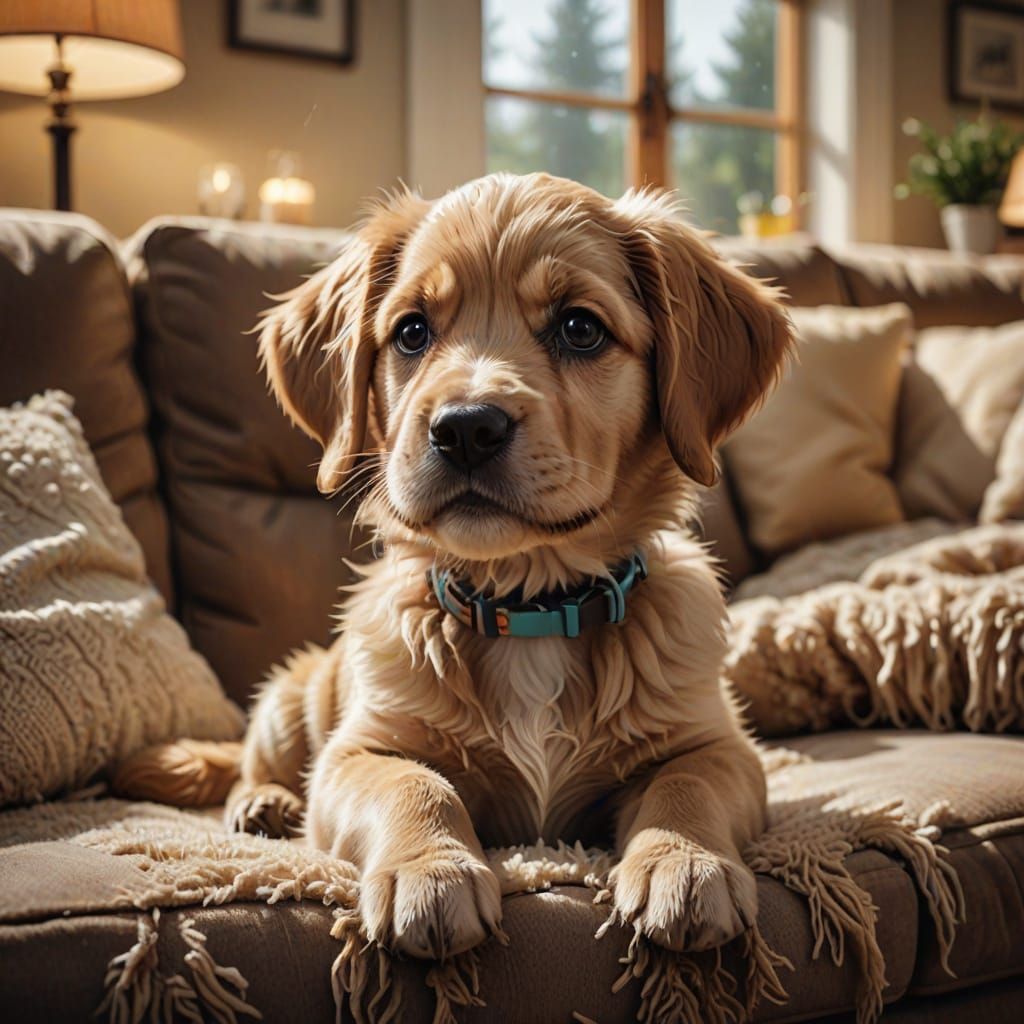 Cozy Domestic Scene: Fluffy Puppy on a Soft Couch