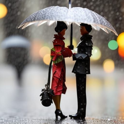 Couple Share Umbrella in Rainy Tokyo, 3D Origami