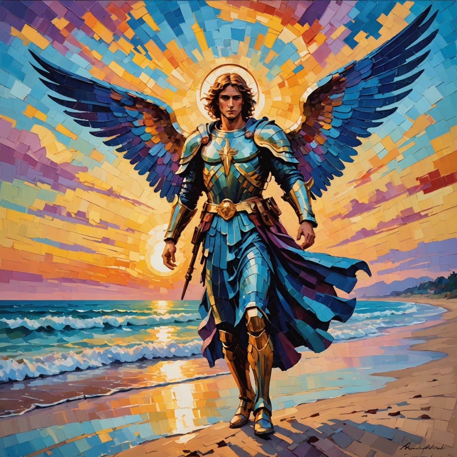 Archangel in Vibrant Neo-Impressionist Sunrise Scene