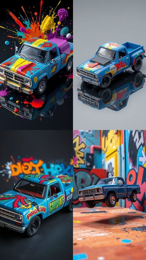 Vibrant Blue 1977 Dodge Truck Die-Cast Model in Urban Art St...