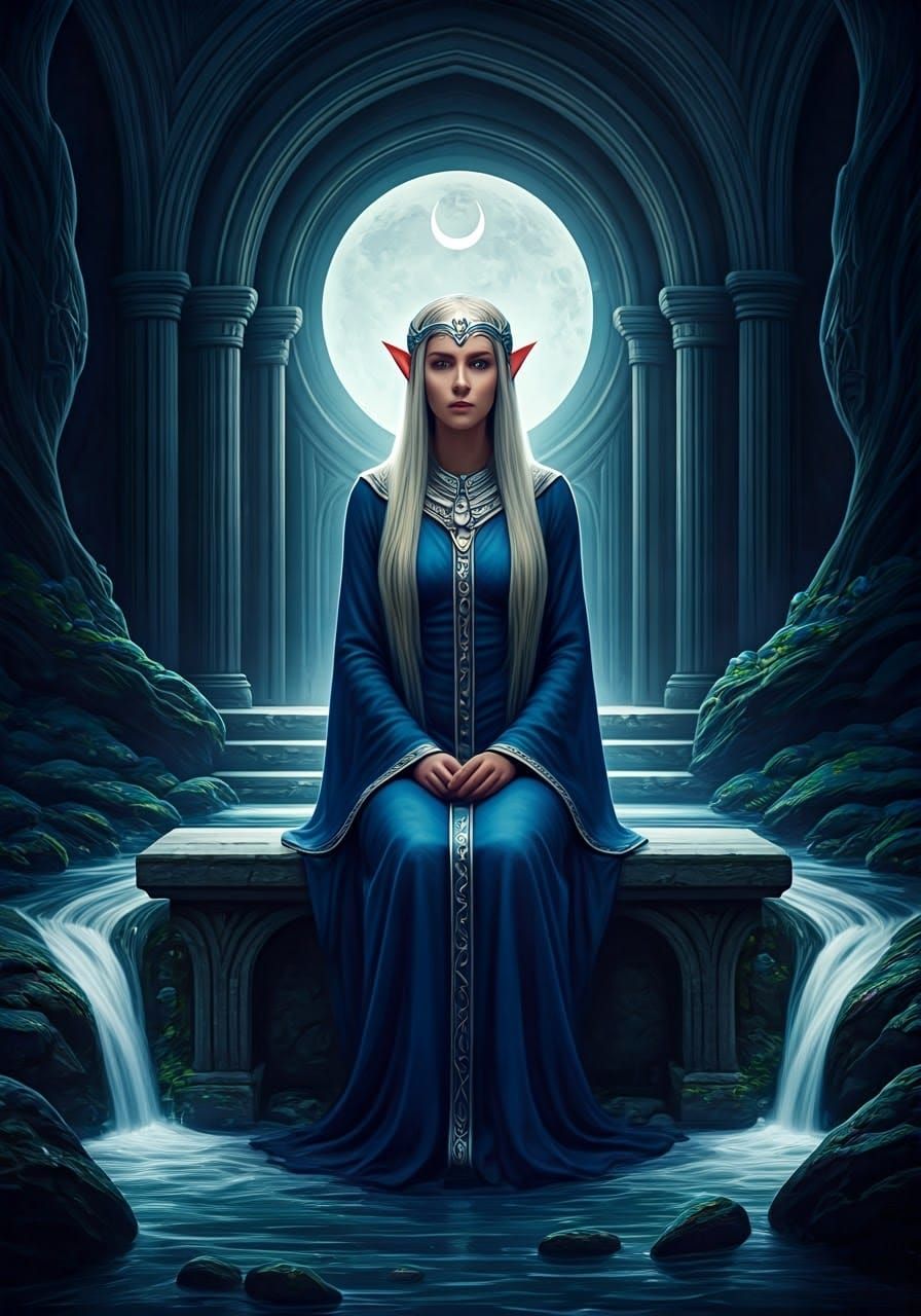Elven High Priestess Tarot Card in Detailed Matte Painting