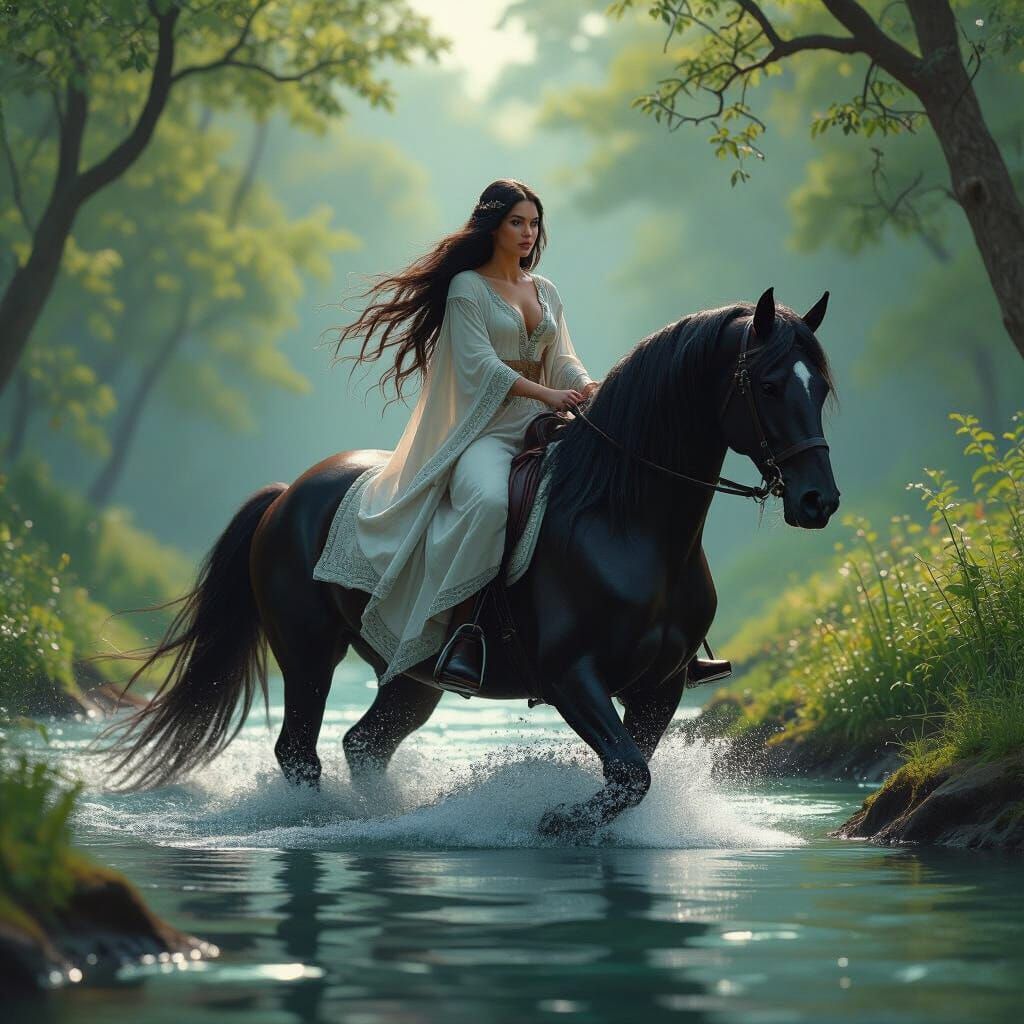 Woman Riding Black Horse Through Creek in Matte Painting Sty...