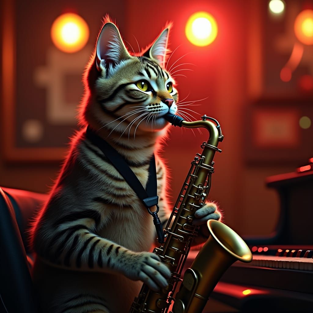 Tabby Cat Saxophonist in Jazz Club
