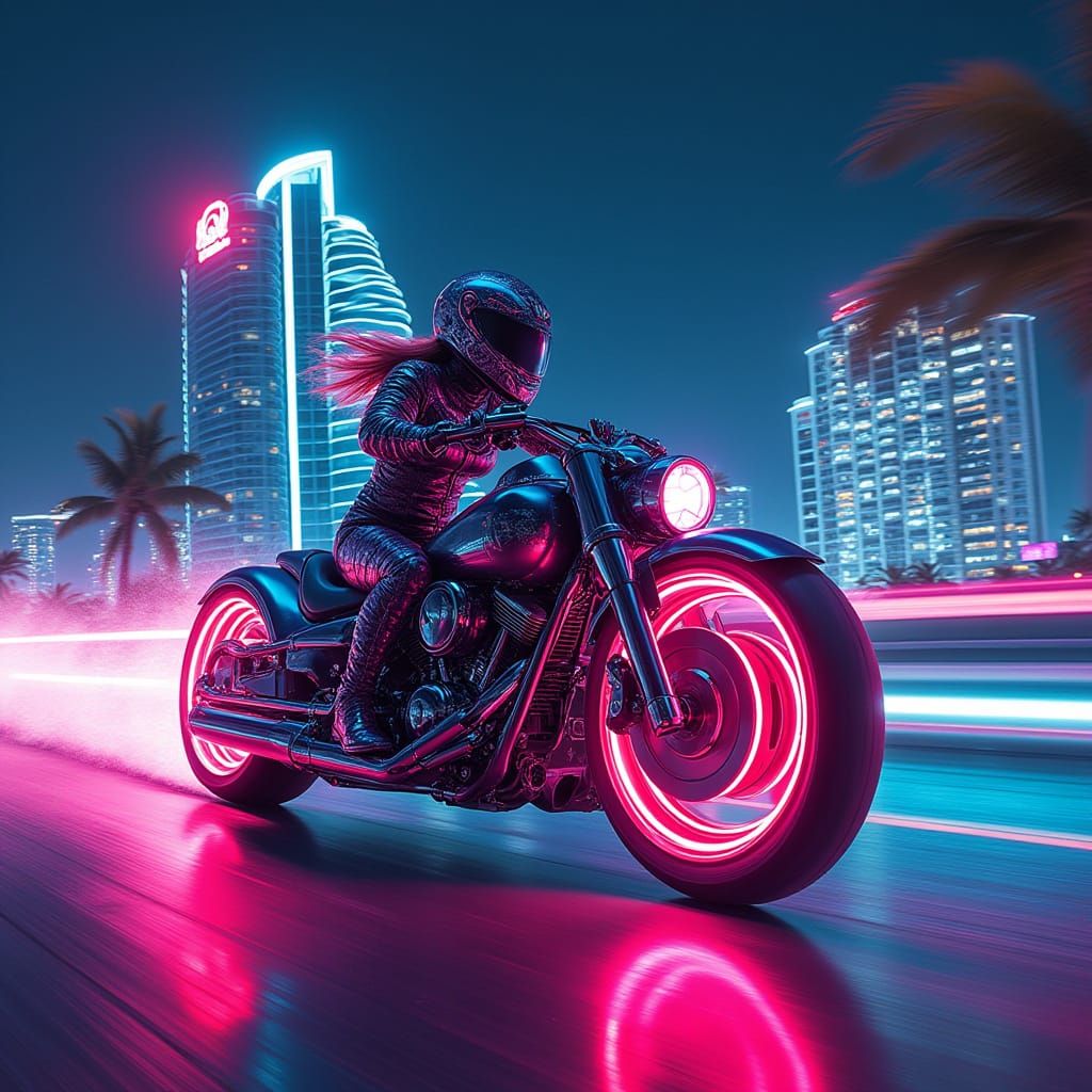 Cyber Drone Woman on Light Cycle in Neon Graffiti Style