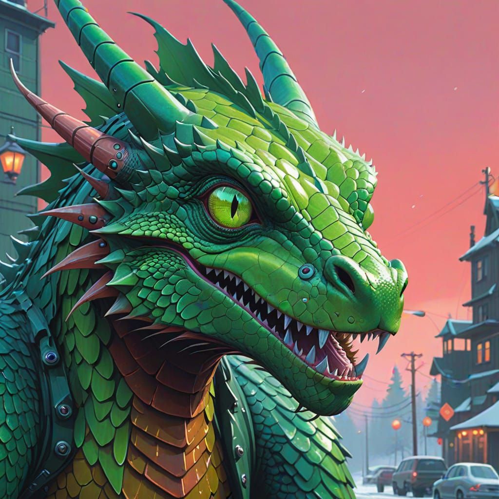 Surreal Emerald Dragon Head in Macro, Blending Cherry Textur...