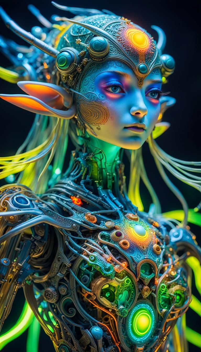 DMT, machine elves, whimsical, elf-like beings with intricate, mechanical full body shot bodies. They constantly shift a...